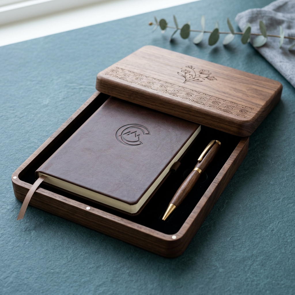 Executive corporate welcome gift set consisting of a leather notebook engraved with a company logo, premium brass pen, and wood gift box