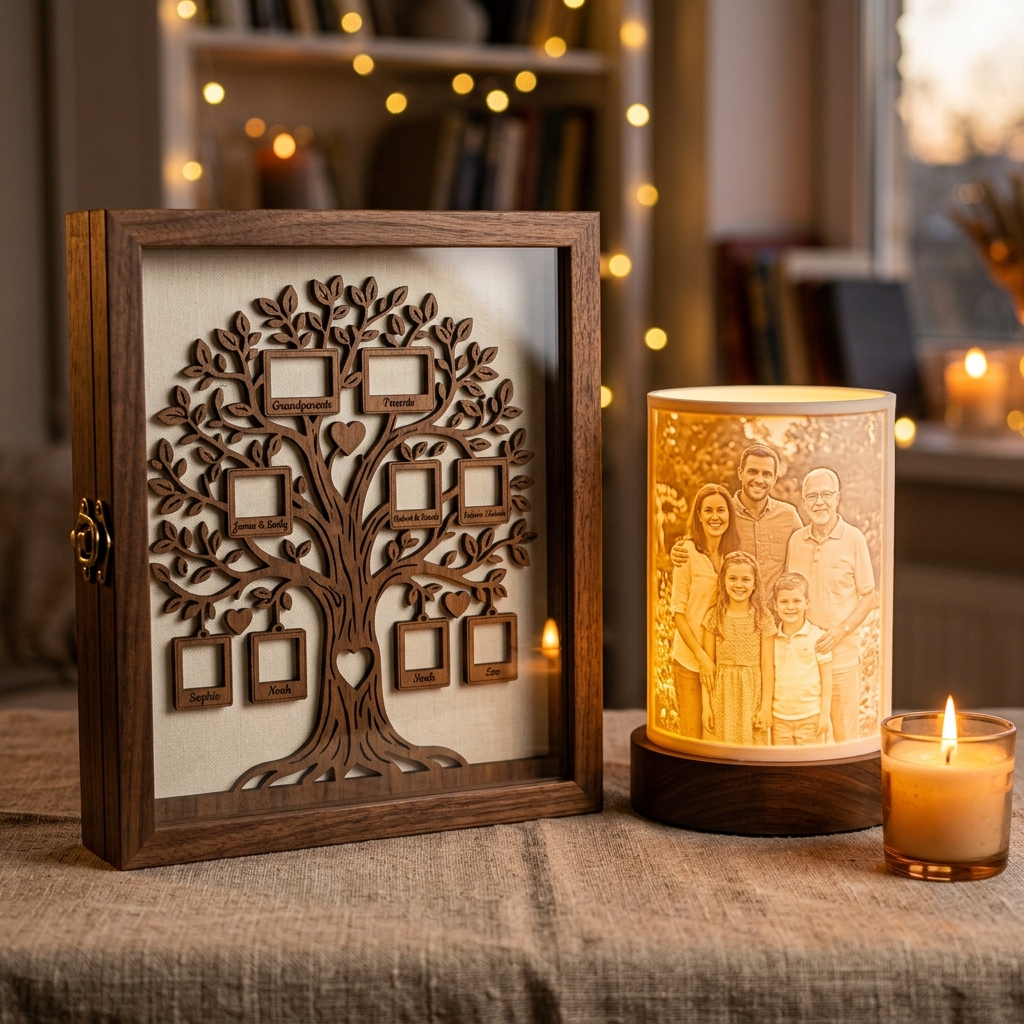 Personalized laser cut birch memory family tree shadow box alongside a glowing custom 3D printed lithophane photograph lamp