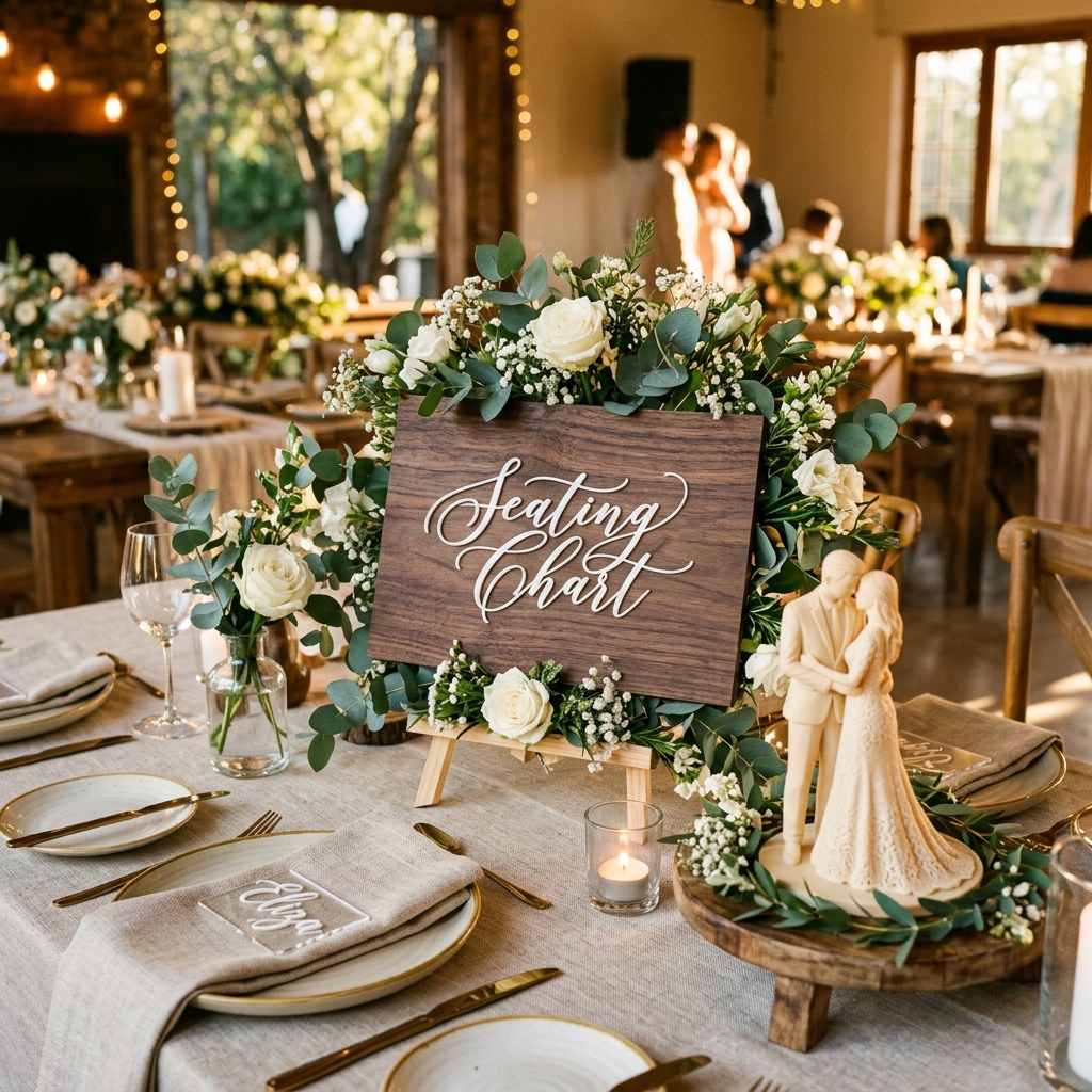 Bespoke wedding seating table plan made of polished walnut wood, standing with elegant leaf details and white acrylic font overlays