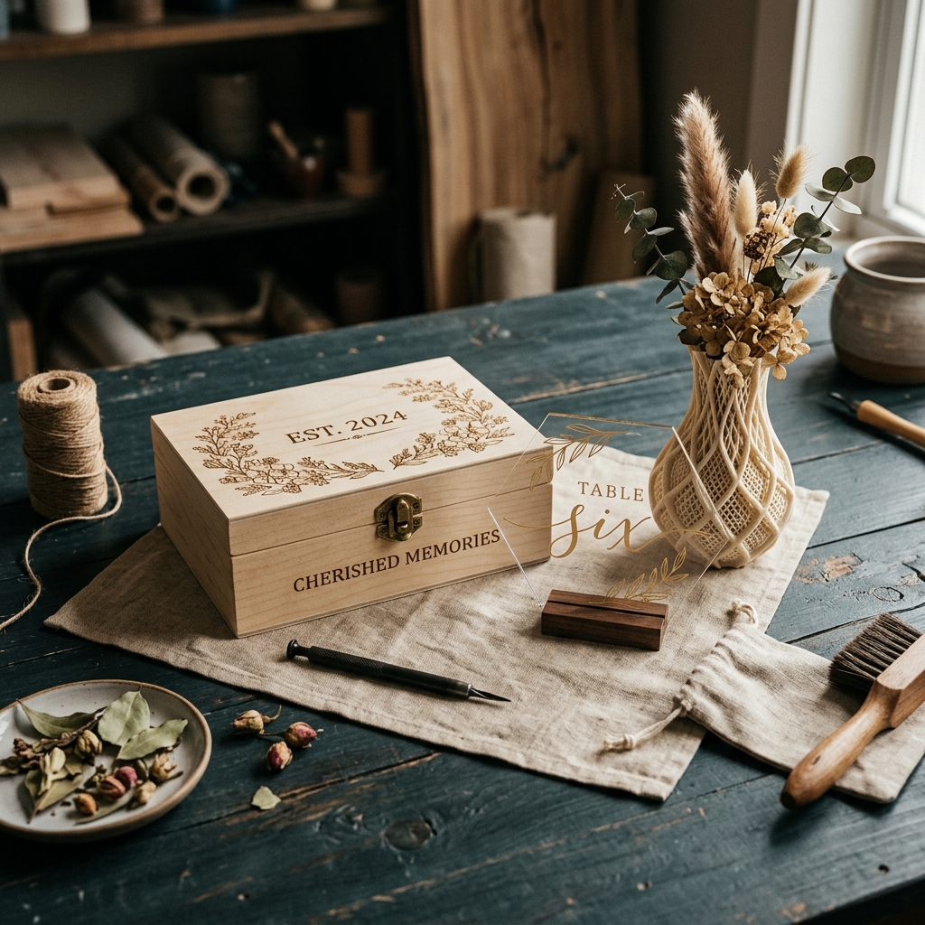 Artisanal laser-cut wood boxes and 3D printed geometric crafts layout