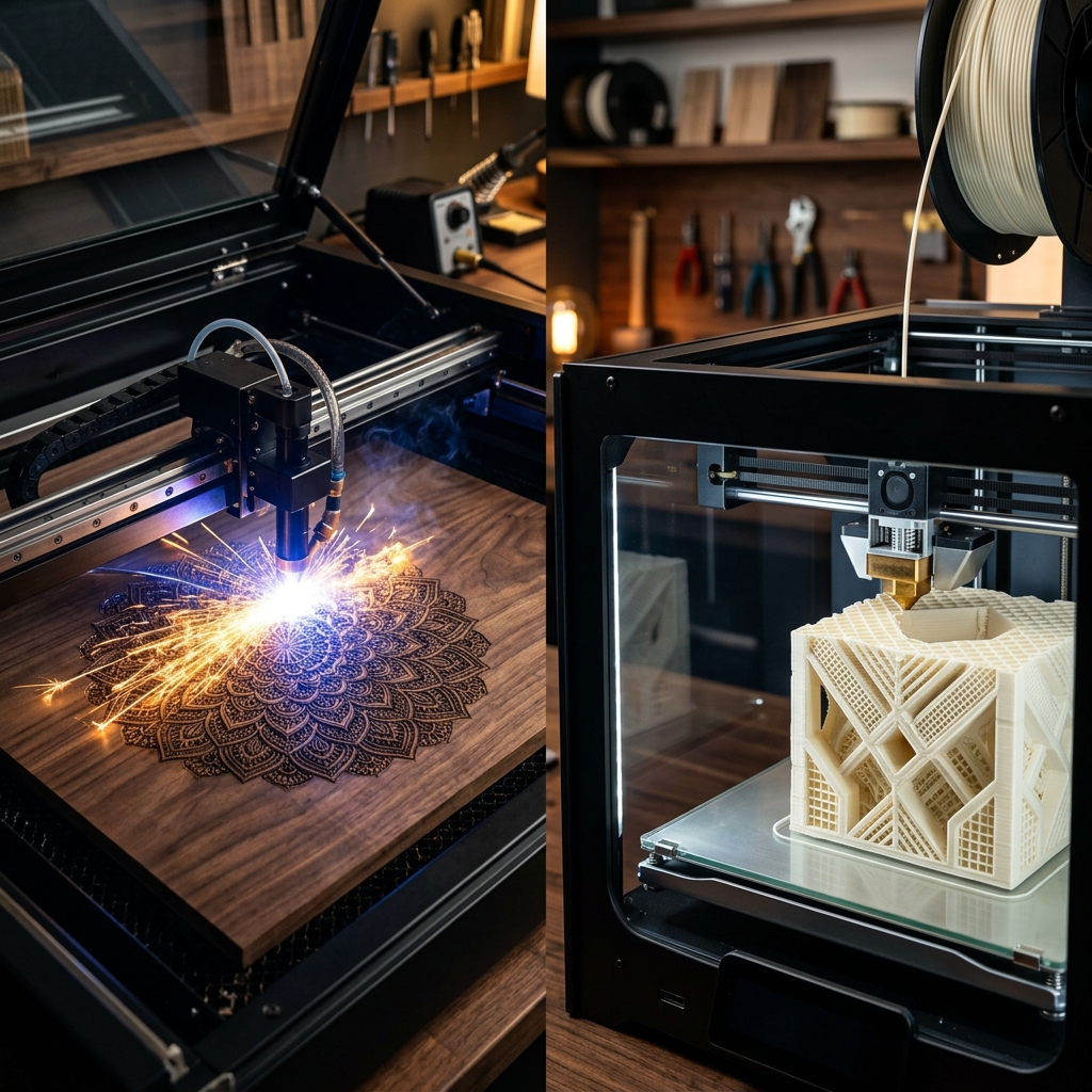 Close-up of laser cutter sparks engraving wood beside a high-tech 3D printing nozzle working on clay-colored structural design
